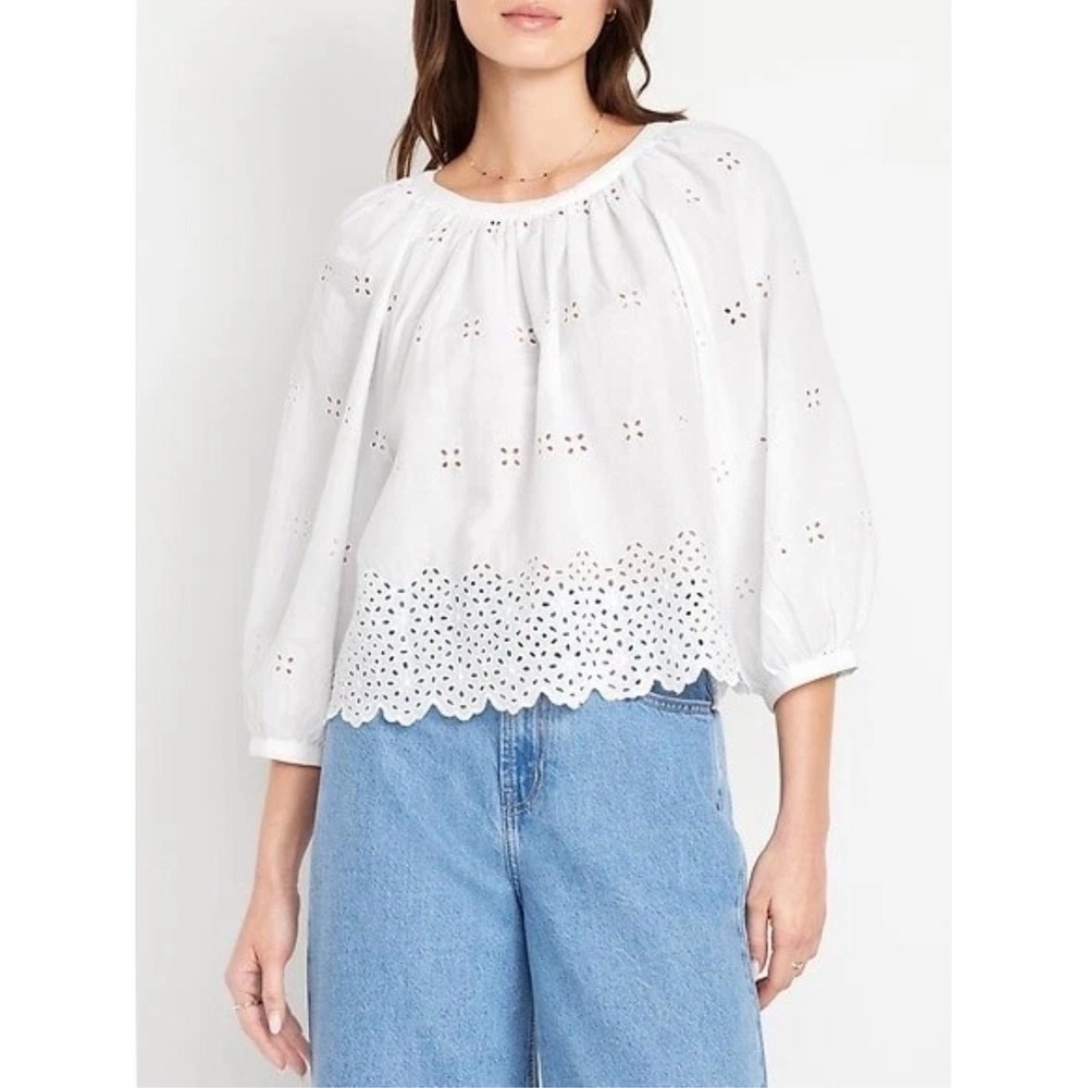 Old Navy White Cropped Perforated Peasant Top